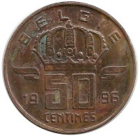 Монета 50 сантимов.  1996 год, Бельгия. (Belgie)