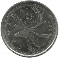 Монета 25 центов (квотер), 2009 год, Канада.