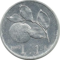 Монета 1 лира. 1949 год, Италия. Апельсиновая ветвь.