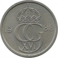 Монета 50 эре. 1988 год, Швеция. (D).
