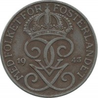 Монета 5 эре.1943 год, Швеция. (Железо).