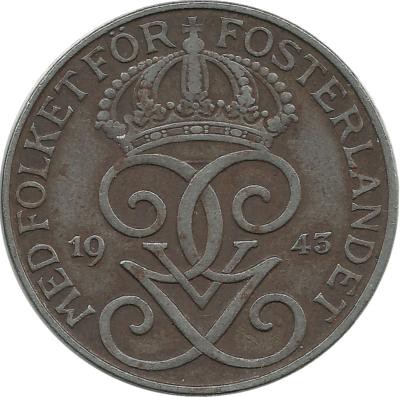 Монета 5 эре.1943 год, Швеция. (Железо).