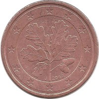 Монета 1 цент. 2002 год (J), Германия.  