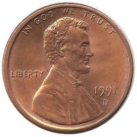 Линкольн. 1 цент 1991г. (D) (Денвер) , CША.