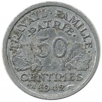 50 сантимов. 1942 год, Франция.
