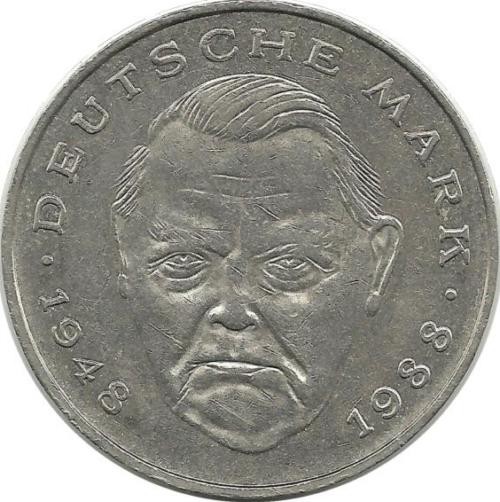Людвиг Эрхард. 40 лет Федеративной Республике (1948-1988). Монета 2 марки. 1989 год, Монетный двор - Штутгарт (F). ФРГ.