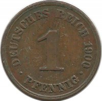 Монета 1 пфенниг 1900 год (А), Германская империя.