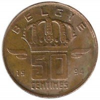 Монета 50 сантимов.  1994 год, Бельгия. (Belgie)