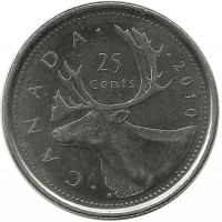 Монета 25 центов (квотер), 2010 год, Канада. 