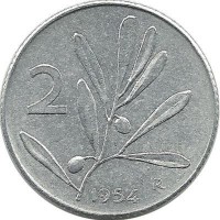 Монета 2 лиры. 1954 год, Италия. Медоносная пчела.