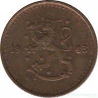 Монета 25 пенни.1943 год, Финляндия (медь).
