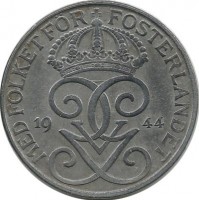 Монета 5 эре.1944 год, Швеция. (Железо).