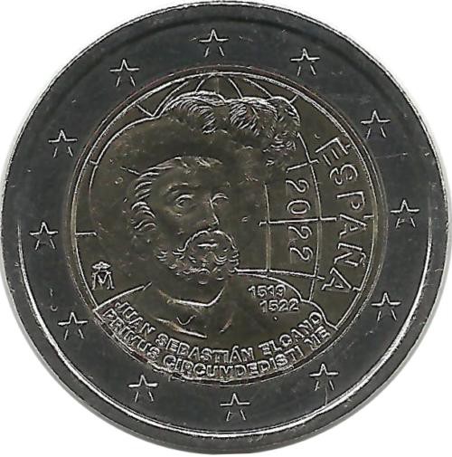 Хуан Себастьян Элькано. 500 лет первого кругосветного путешествия. Монета 2 евро, 2022 год, Испания. UNC.