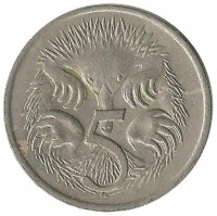 Ехидна.  Монета 5 центов. 1974 год, Австралия.