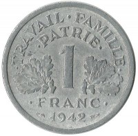 Монета 1 франк. 1942 год, Франция.
