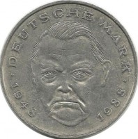 Людвиг Эрхард. 40 лет Федеративной Республике (1948-1988). Монета 2 марки. 1992 (D) год,  Монетный двор - Мюнхен (D). ФРГ.