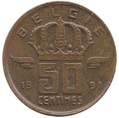 Монета 50 сантимов.  1991 год, Бельгия. (Belgie)  