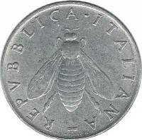 Монета 2 лиры. 1957 год, Италия. Медоносная пчела.
