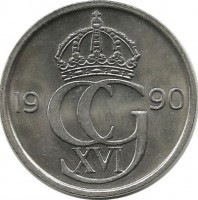 Монета 50 эре. 1990 год, Швеция. (D).