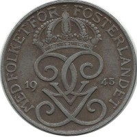 Монета 5 эре.1945 год, Швеция. (Железо).