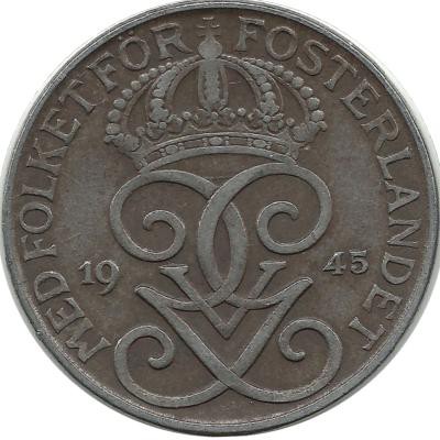 Монета 5 эре.1945 год, Швеция. (Железо).
