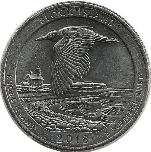  Национальное убежище дикой природы острова Блок (Block Island). Монета 25 центов (квотер), (P). 2018 год, США. UNC.