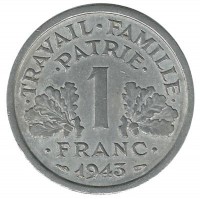 Монета 1 франк. 1943 год, Франция.