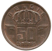 Монета 50 сантимов.  1987 год, Бельгия. (Belgie)