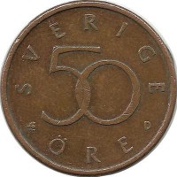 Монета 50 эре. 1993 год, Швеция. (D).