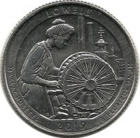 Национальный исторический парк Лоуэлл (Lowell). Монета 25 центов (квотер), (D). 2019 год, США. UNC.