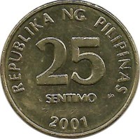 ​Монета 25 сентимо. 2001 год. Филиппины.