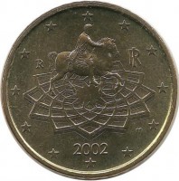 Италия. Монета 50 центов, 2002 год. UNC. 