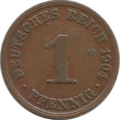 Монета 1 пфенниг 1904 год (А), Германская империя.