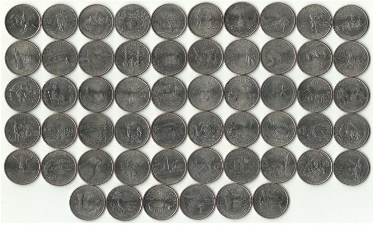 Набор монет 25 центов США (квотеры) 1999 - 2009 год. серии "Штаты США"   , и  "Территории США".  В набор вошло 56 монет:  50 монет - "Штаты США"  6 монет - "территории США". Разных монетных дворов.