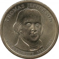 Томас Джефферсон (1801-1809). 3-й президент США. Монетный двор (D). 1 доллар, 2007 год, США. UNC.