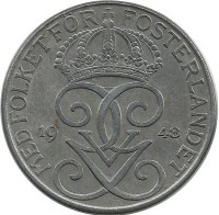 Монета 5 эре.1948 год, Швеция. (Железо).