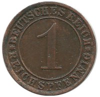 Монета 1 рейхспфенниг. 1925 (J) год, Веймарская республика.