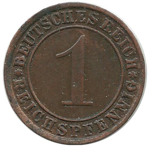 Монета 1 рейхспфенниг. 1925 (J) год, Веймарская республика.