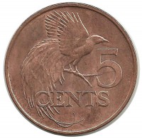 Райская птица. 5 центов, 2005 год, Тринидад и Тобаго. UNC.