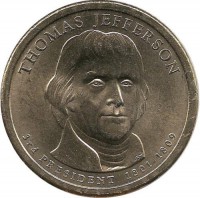 Томас Джефферсон (1801-1809). 3-й президент США. Монетный двор (P). 1 доллар, 2007 год, США. UNC.