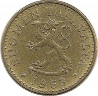 Монета 20 пенни.1963 год, Финляндия.