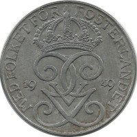 Монета 5 эре.1949 год, Швеция. (Железо).