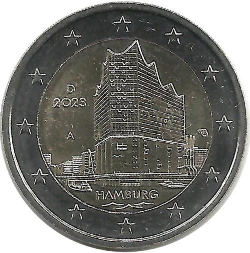Федеральные земли. Гамбург, Эльбская филармония. Монета 2 евро, 2023 год, (А) . Германия. UNC.