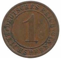 Монета 1 рейхспфенниг. 1927 (E) год, Веймарская республика.
