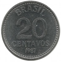 Монета 20 сентаво. 1987 год, Бразилия. UNC.