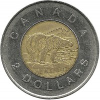 Полярный белый медведь. Монета 2 доллара. 1996 год, Канада. 