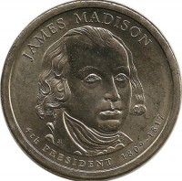 Джеймс Мэдисон (1809-1817). 4-й президент США. Монетный двор (D). 1 доллар, 2007 год, США. UNC.