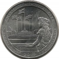 Американский Мемориальный Парк (American Memorial Park). Монета 25 центов (квотер), (P). 2019 год, США. UNC.