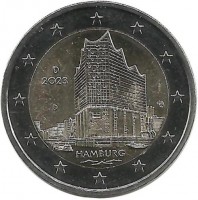 Федеральные земли. Гамбург, Эльбская филармония. Монета 2 евро, 2023 год, (D) . Германия. UNC.
