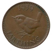 Монета 1 фартинг. 1939 год, Великобритания.